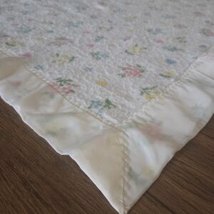 Vintage Stokke Baby Blanket Pastel Floral Satin Trim Receiving Blanket 40x40
